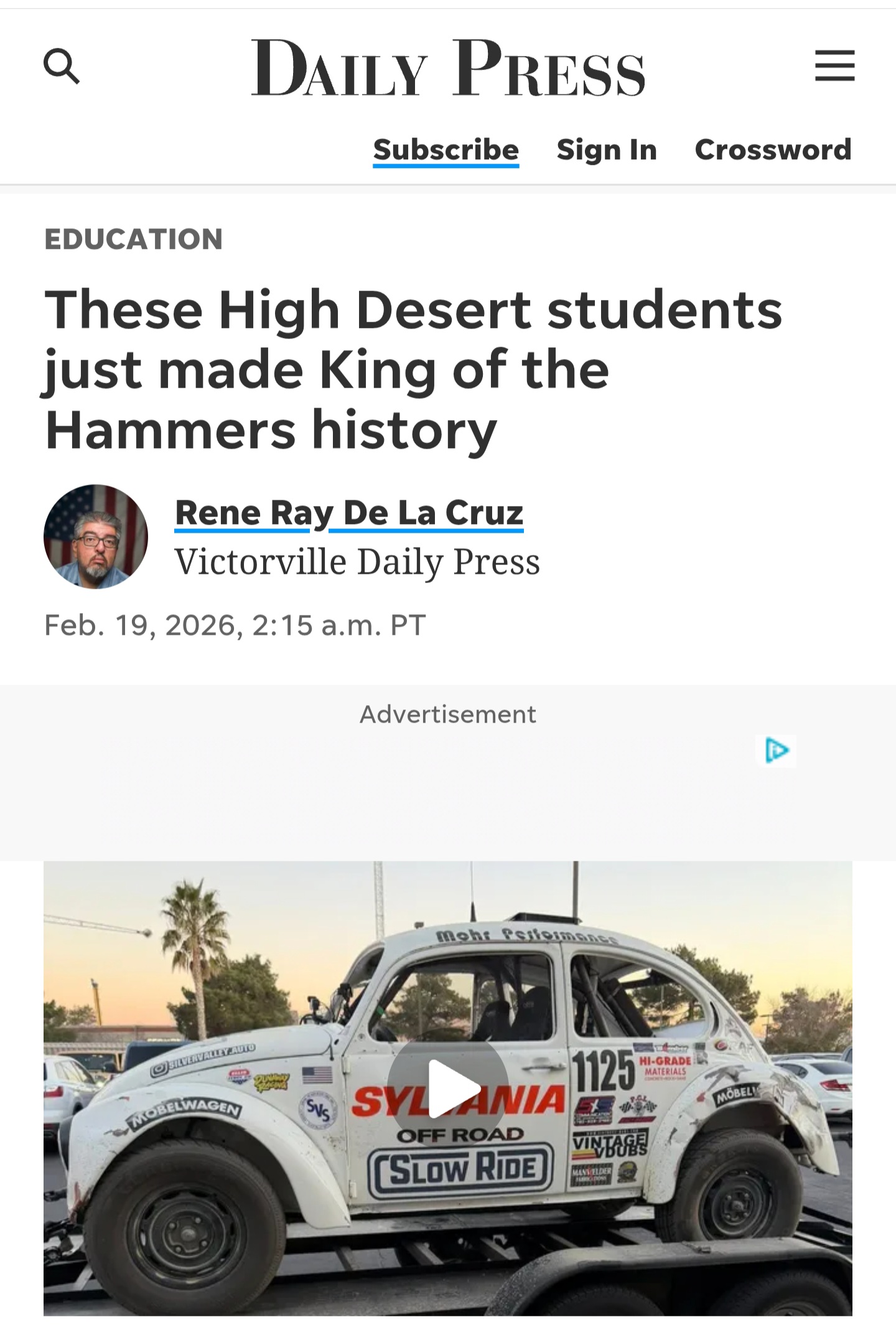 Victorville Daily Press headline and byline for its feature about Silver Valley students making King of the Hammers history